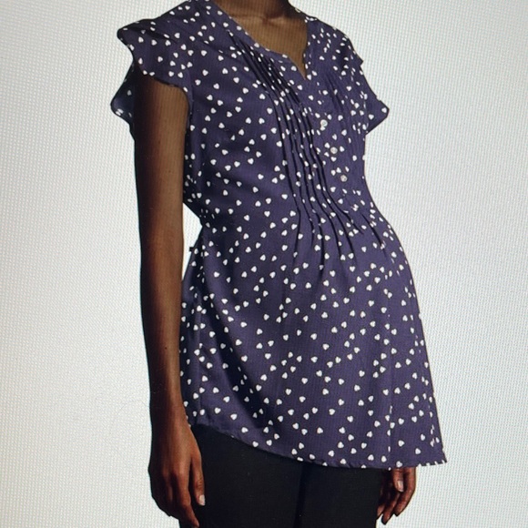 Oh Mamma Women’s Maternity Blue White Heart Pleated Button V Neck Back Tie SZ L - Picture 4 of 12